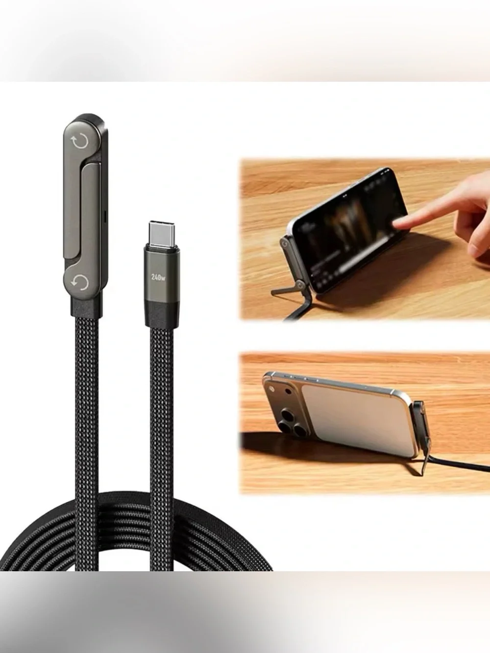 BASEMO 2-IN-1 240W Type C to C Fast Charging Cable with Foldable Phone Stand